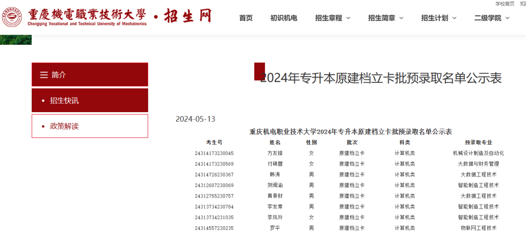 重庆机电职业技术大学2024年专升本原建档立卡批录取名单（含建档立卡征集志愿）